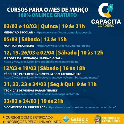 Capacita Cordeiro oferece cursos online e gratuitos para a população