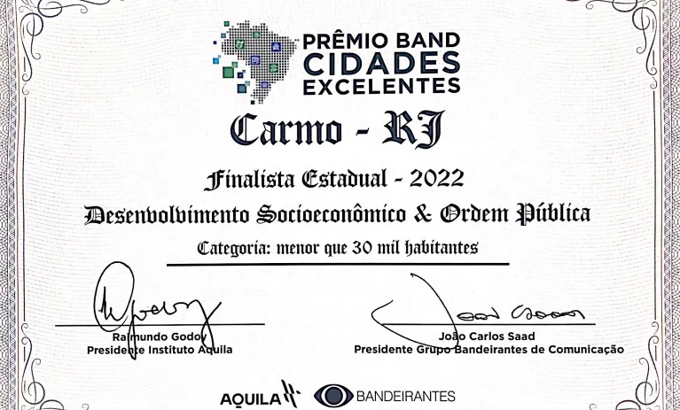 Município do Carmo é finalista estadual no prêmio ‘Band Cidades Excelentes’