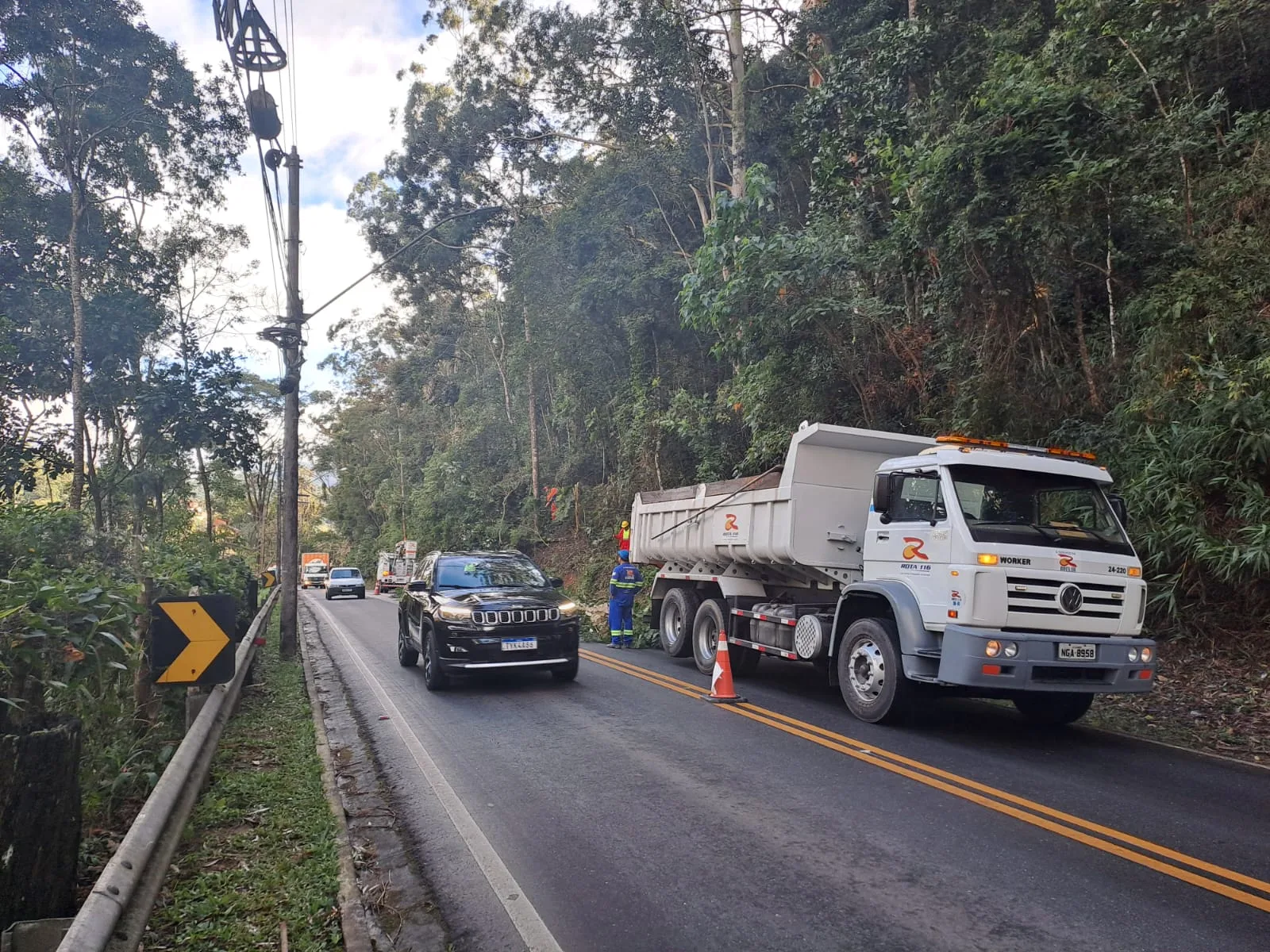 Rota 116 realiza serviços de poda e limpeza às margens da rodovia e opera em sistema Pare e Siga